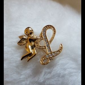 Rhinestone Angel "L" Initial Brooch Pin